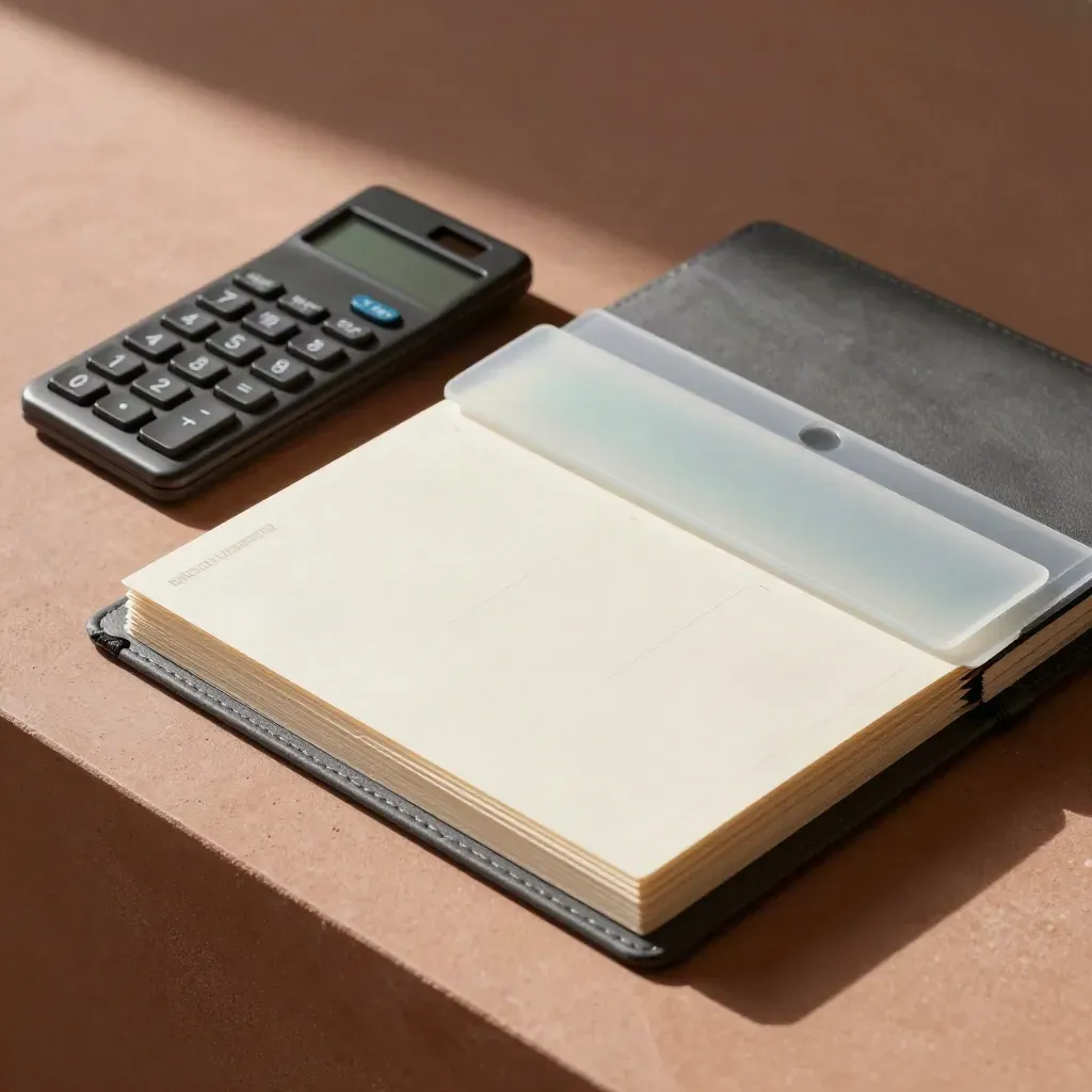 Ordner mit transparenten Tabs, Karten und Taschenrechner-Block auf Terrakottafläche von oben.
